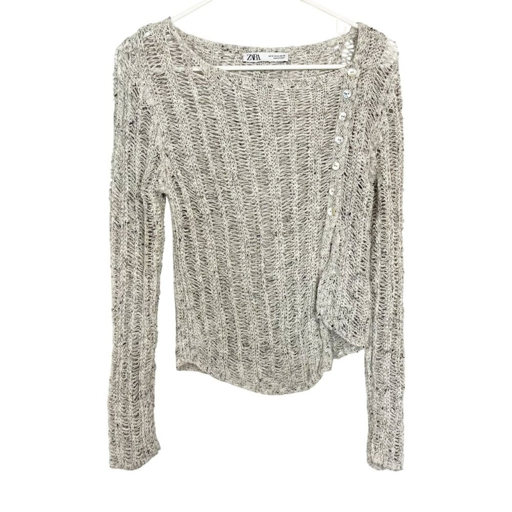 Zara Light Gray Open Knit Asymmetrical Hem Sweater Artsy Boho Size Medium